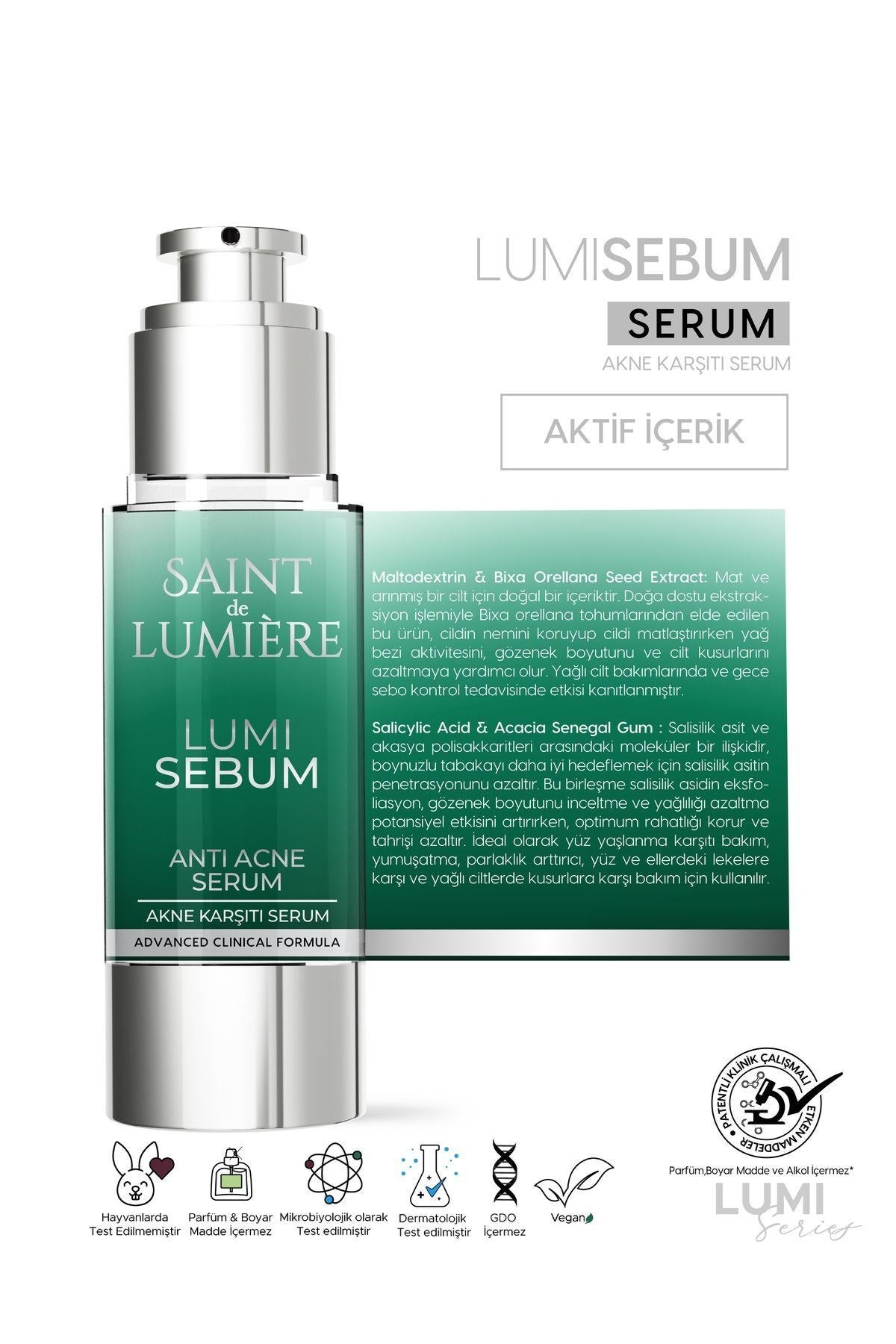 LUMISEBUM Akne,Siyah Nokta ve Leke Karşıtı,Sebum Dengeleyici Matlaştırıcı ve Nemlendirici Serum 30ml