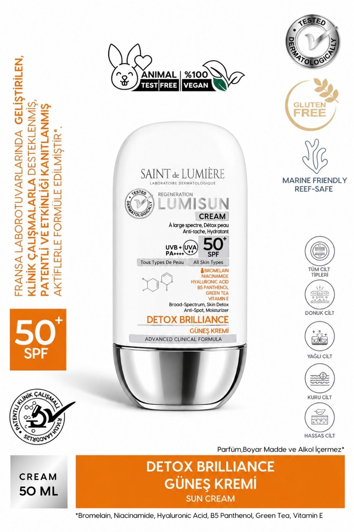 LUMISUN Detox Brilliance SPF 50+, 50 ml Güneş Kremi - Bromelain, Niacinamide, E vitamin, Hyaluronik