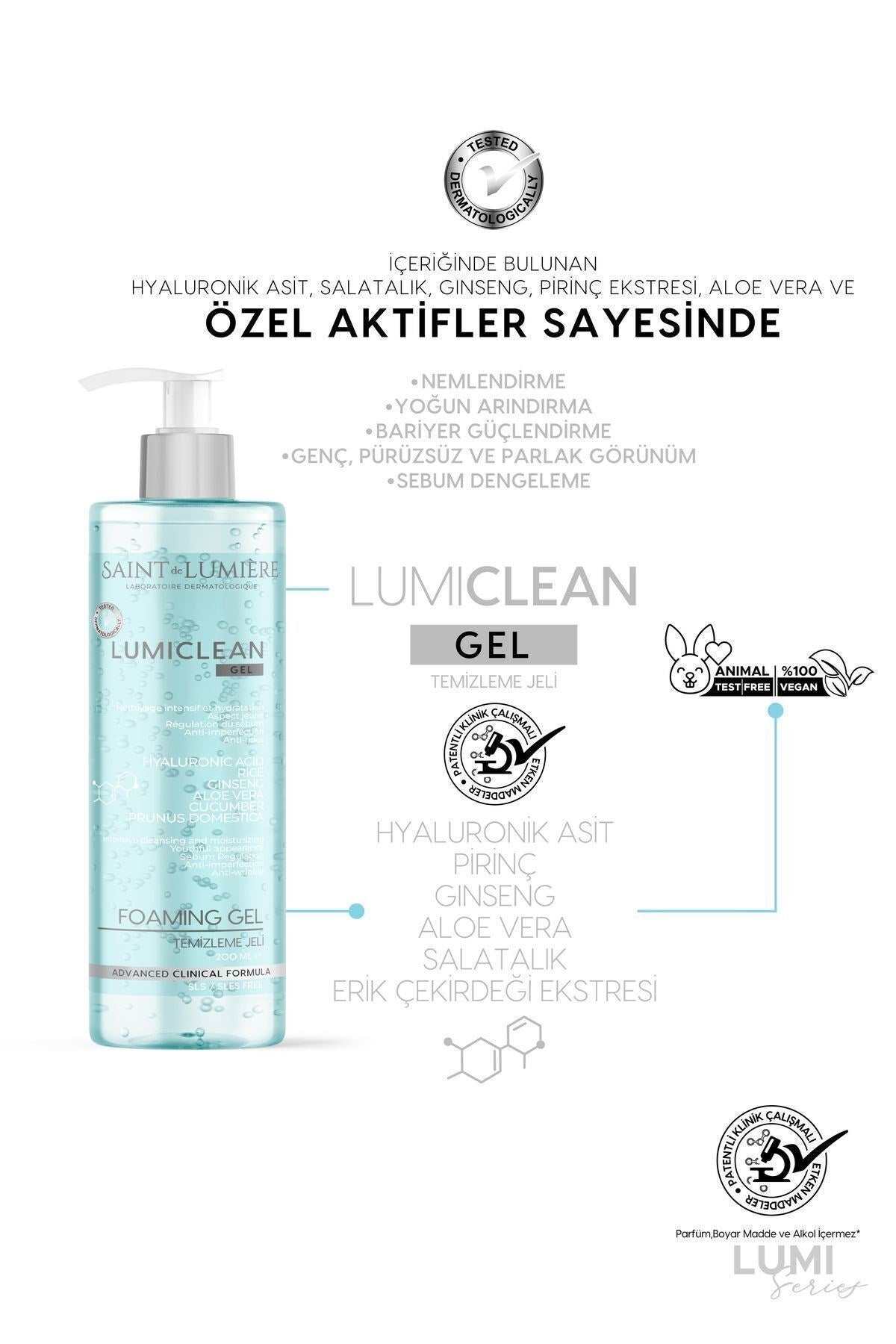 LUMICLEAN Nemlendirici ve Bariyer Onarıcı Temizleme Jeli 200 ml Hassas,Kuru ve Yağlı- Pirinç, Hyalur