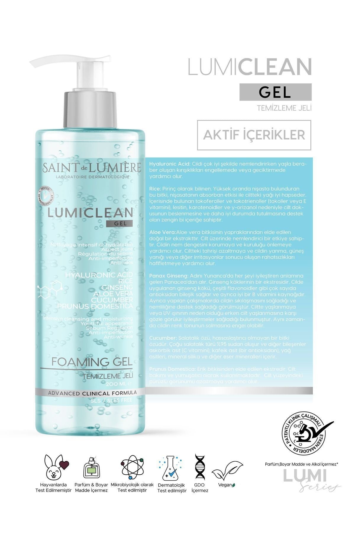 LUMICLEAN Nemlendirici ve Bariyer Onarıcı Temizleme Jeli 200 ml Hassas,Kuru ve Yağlı- Pirinç, Hyalur