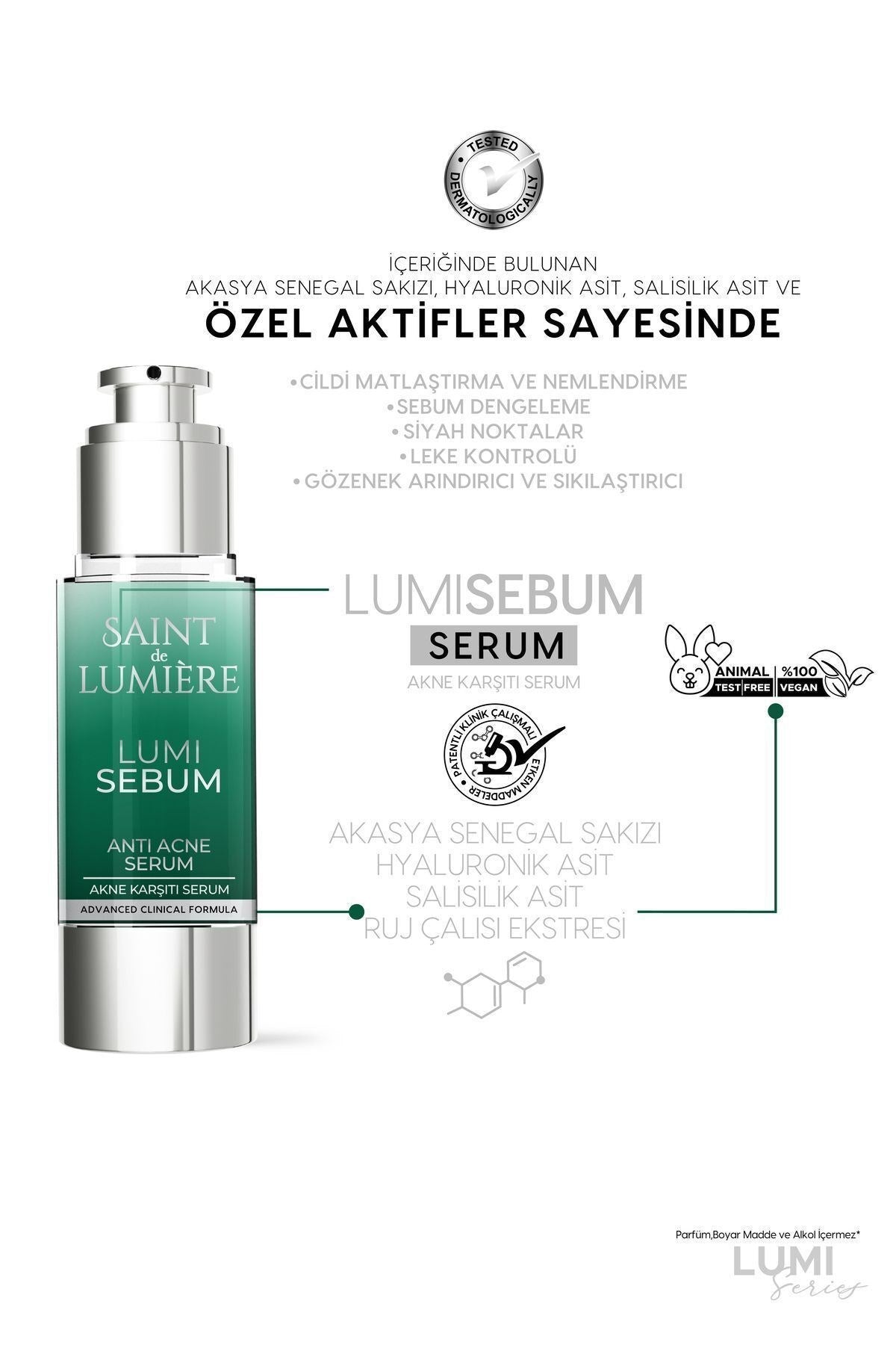 LUMISEBUM Akne,Siyah Nokta ve Leke Karşıtı,Sebum Dengeleyici Matlaştırıcı ve Nemlendirici Serum 30ml
