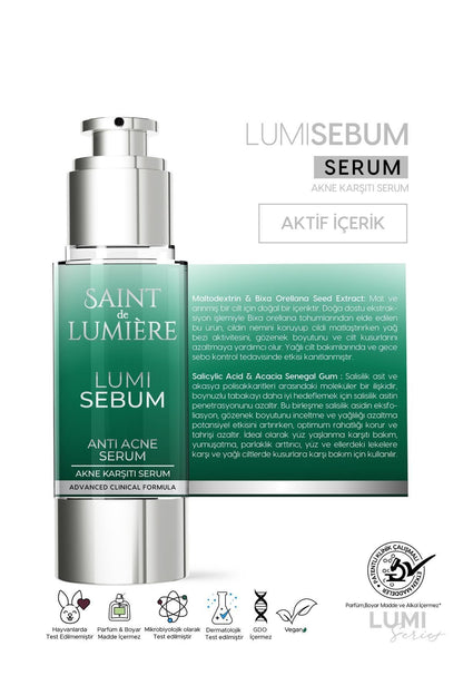 LUMISEBUM Akne,Siyah Nokta ve Leke Karşıtı,Sebum Dengeleyici Matlaştırıcı ve Nemlendirici Serum 30ml