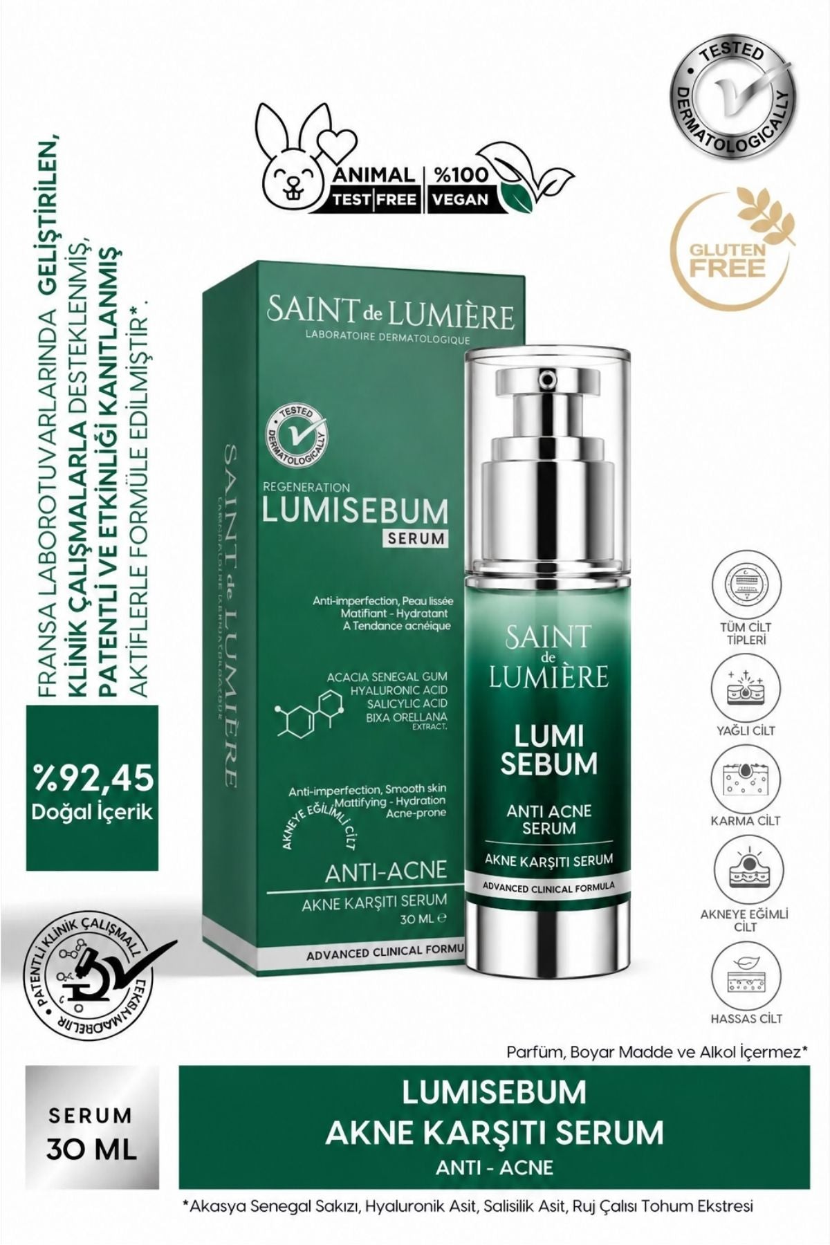 LUMISEBUM Akne,Siyah Nokta ve Leke Karşıtı,Sebum Dengeleyici Matlaştırıcı ve Nemlendirici Serum 30ml