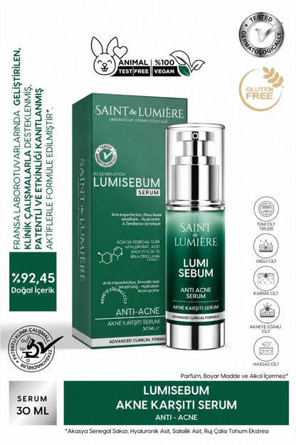 LUMISEBUM Akne,Siyah Nokta ve Leke Karşıtı,Sebum Dengeleyici Matlaştırıcı ve Nemlendirici Serum 30ml