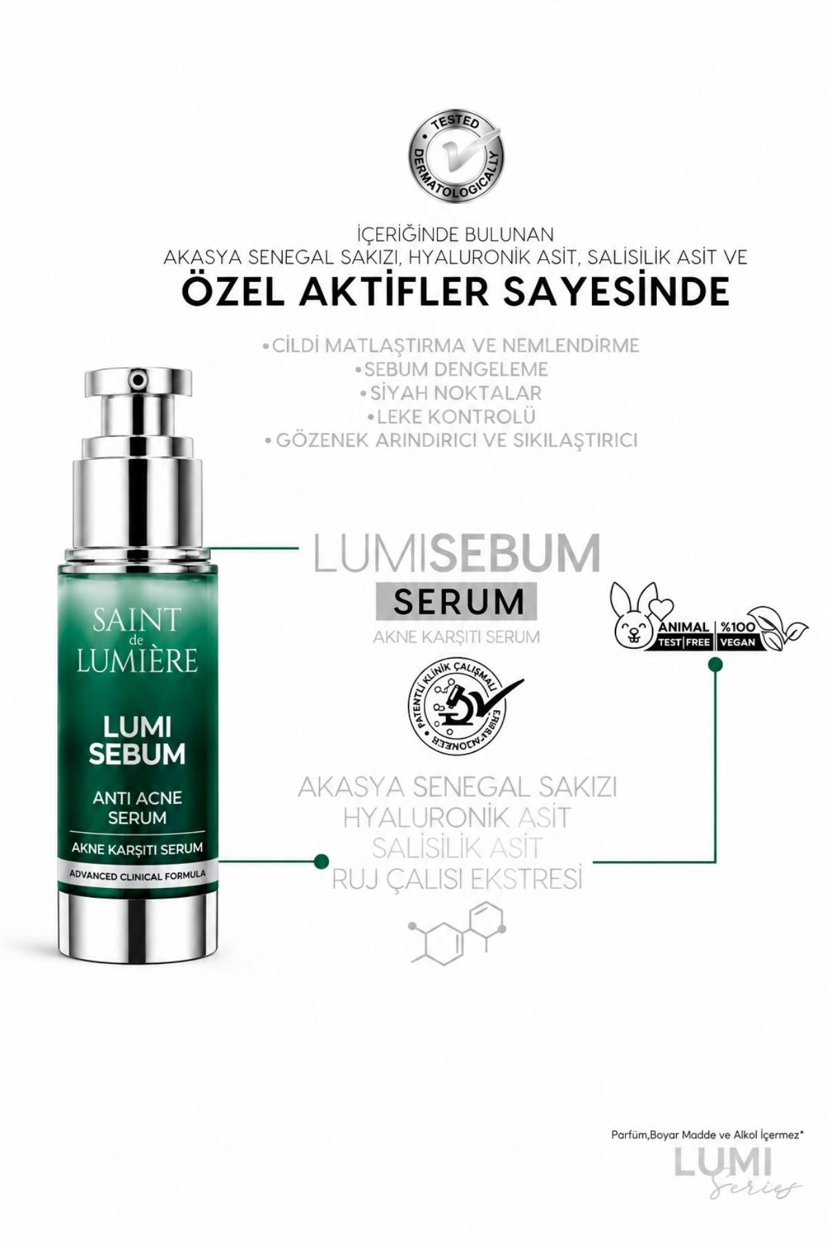 LUMISEBUM Akne,Siyah Nokta ve Leke Karşıtı,Sebum Dengeleyici Matlaştırıcı ve Nemlendirici Serum 30ml