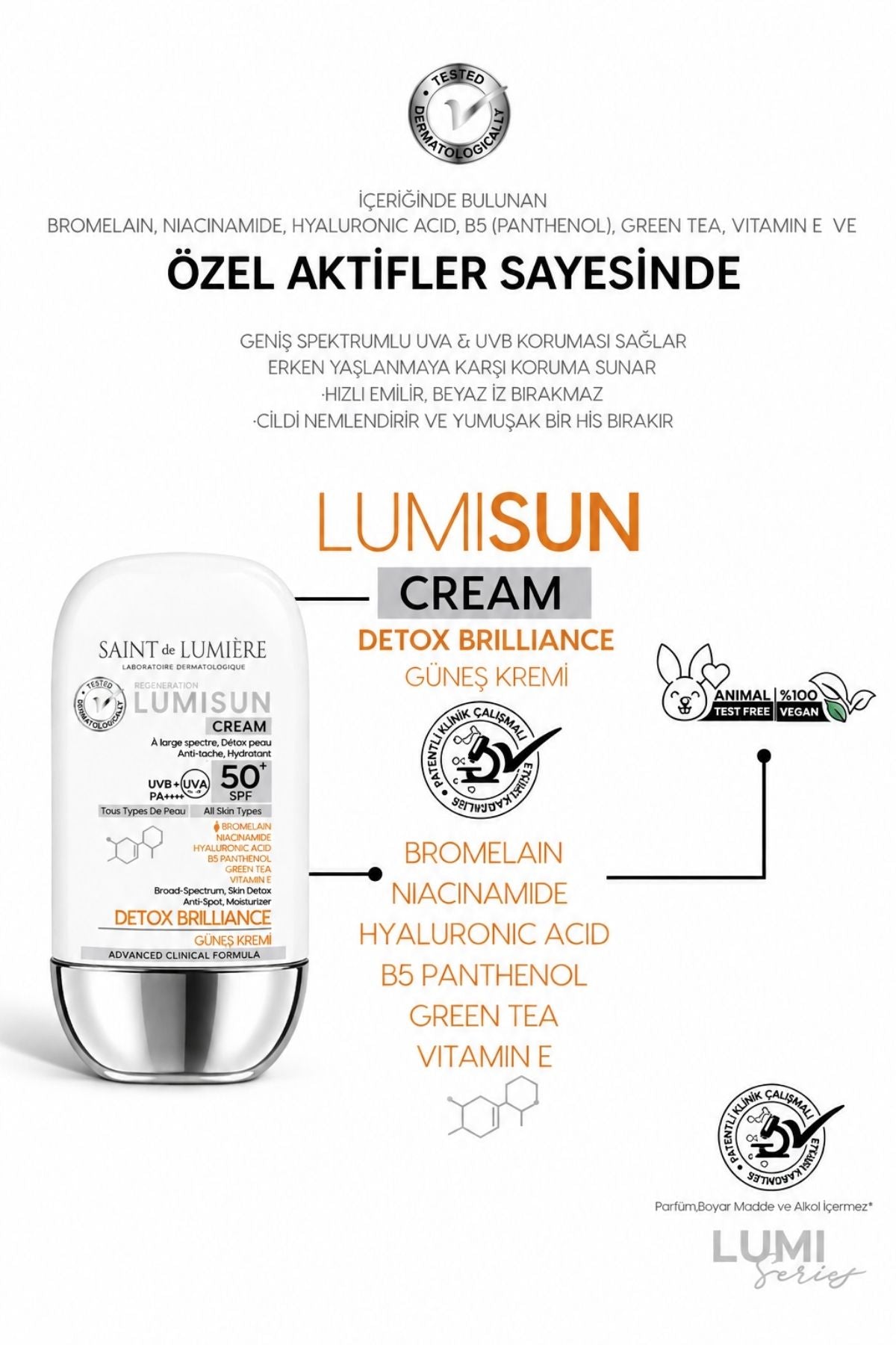 LUMISUN Detox Brilliance SPF 50+, 50 ml Güneş Kremi - Bromelain, Niacinamide, E vitamin, Hyaluronik