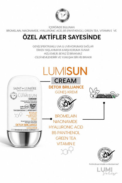 LUMISUN Detox Brilliance SPF 50+, 50 ml Güneş Kremi - Bromelain, Niacinamide, E vitamin, Hyaluronik