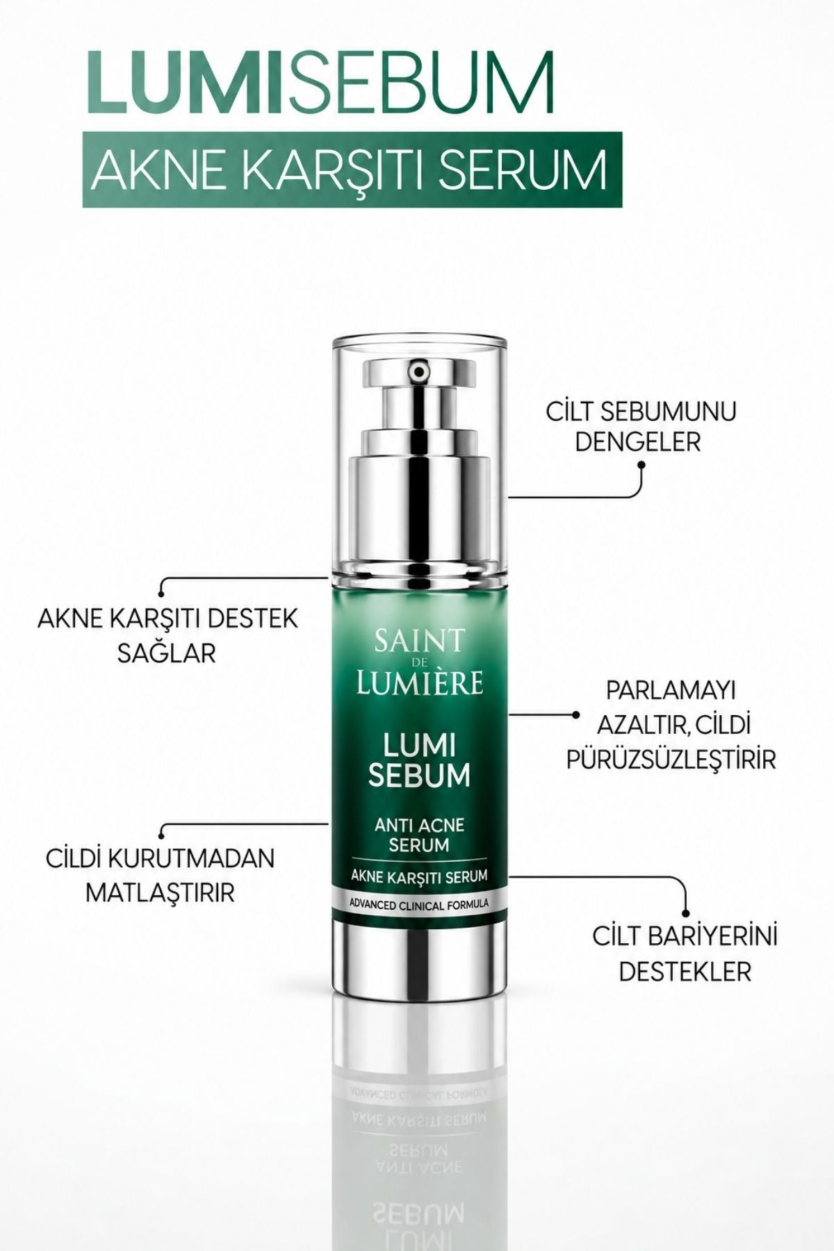 LUMISEBUM Akne,Siyah Nokta ve Leke Karşıtı,Sebum Dengeleyici Matlaştırıcı ve Nemlendirici Serum 30ml