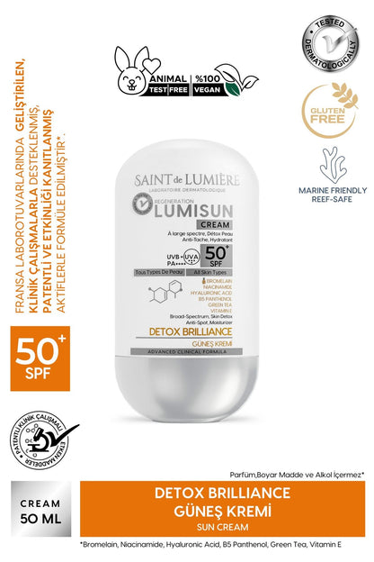 LUMISUN Detox Brilliance SPF 50+, 50 ml Güneş Kremi - Bromelain, Niacinamide, E vitamin, Hyaluronik 