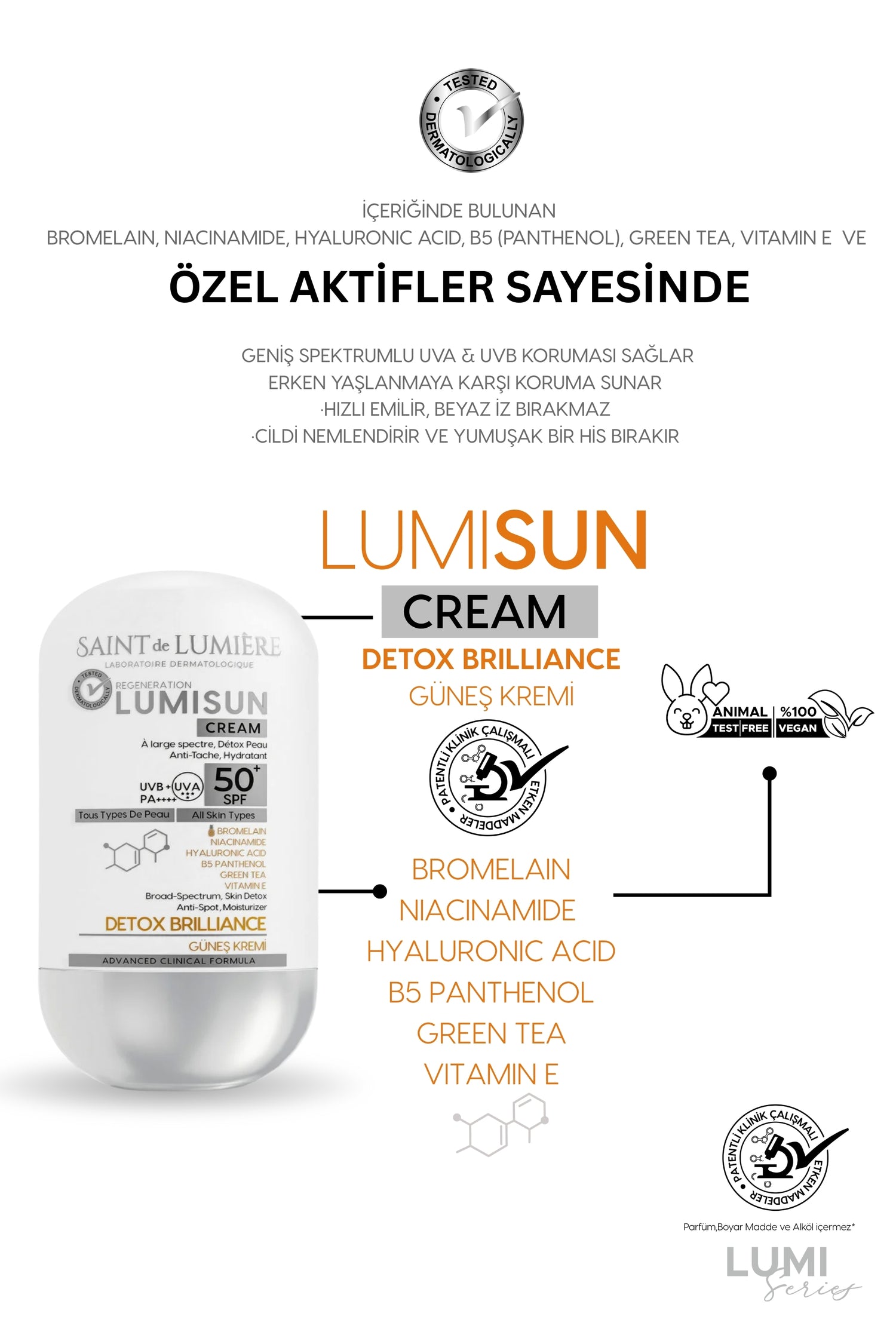 LUMISUN Detox Brilliance SPF 50+, 50 ml Güneş Kremi - Bromelain, Niacinamide, E vitamin, Hyaluronik