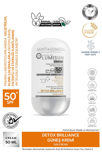 LUMISUN Detox Brilliance SPF 50+, 50 ml Güneş Kremi - Bromelain, Niacinamide, E vitamin, Hyaluronik