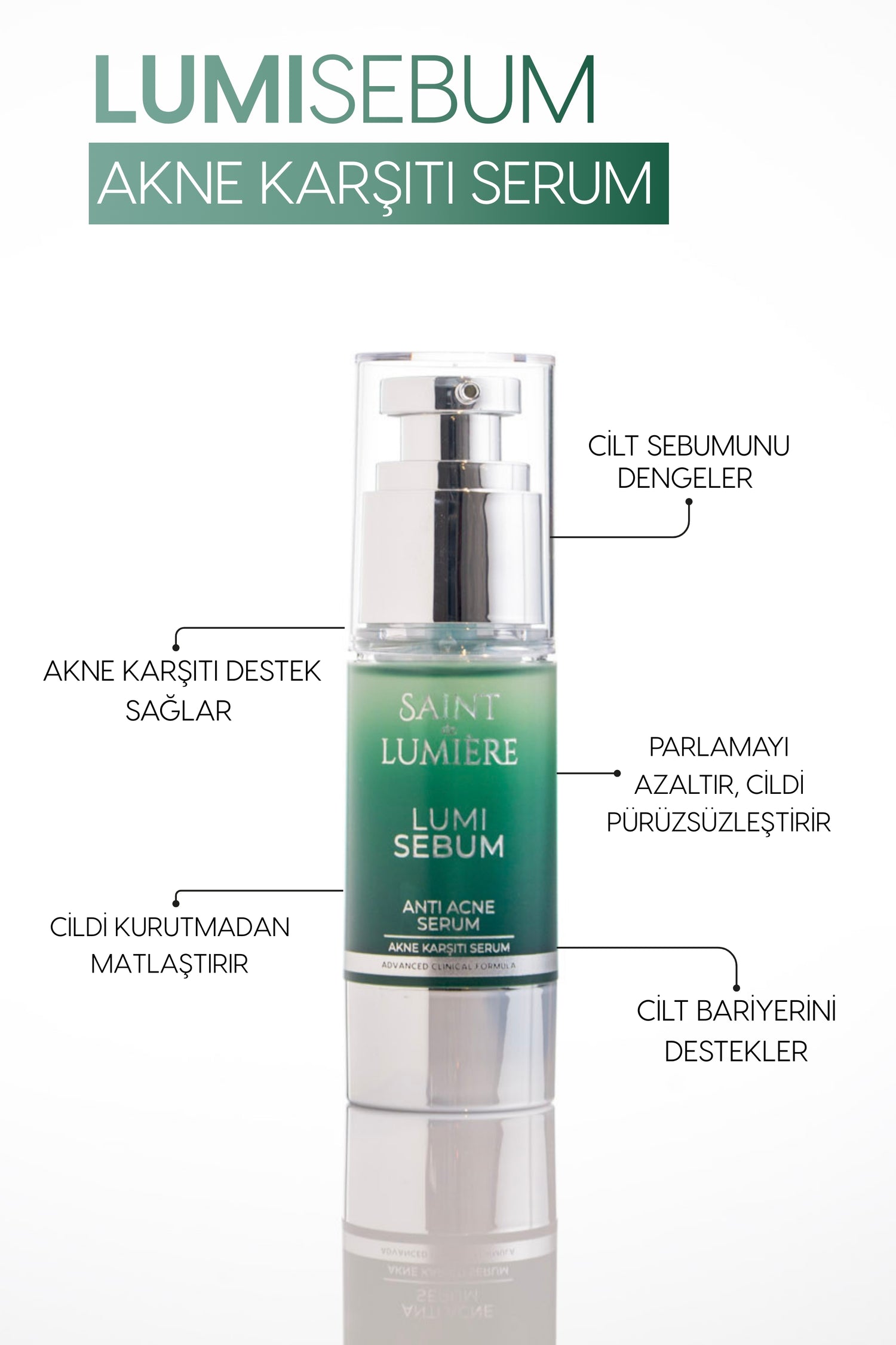 LUMISEBUM Akne,Siyah Nokta ve Leke Karşıtı,Sebum Dengeleyici Matlaştırıcı ve Nemlendirici Serum 30ml