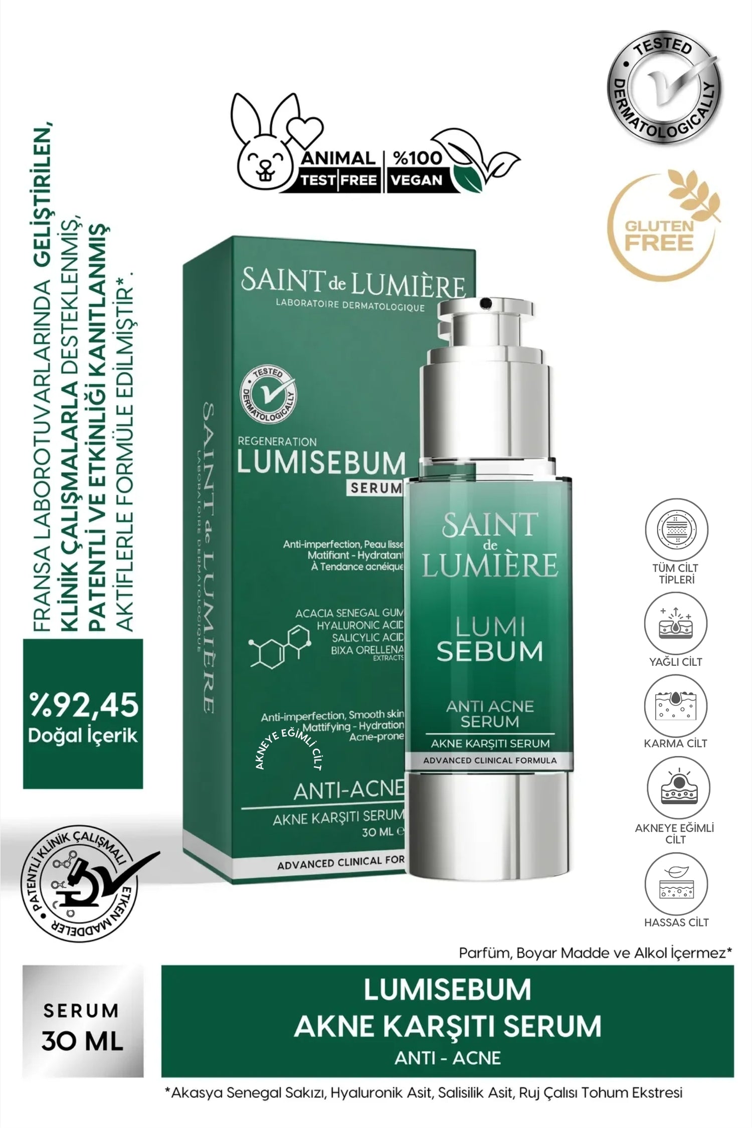 LUMISEBUM Akne,Siyah Nokta ve Leke Karşıtı,Sebum Dengeleyici Matlaştırıcı ve Nemlendirici Serum 30ml