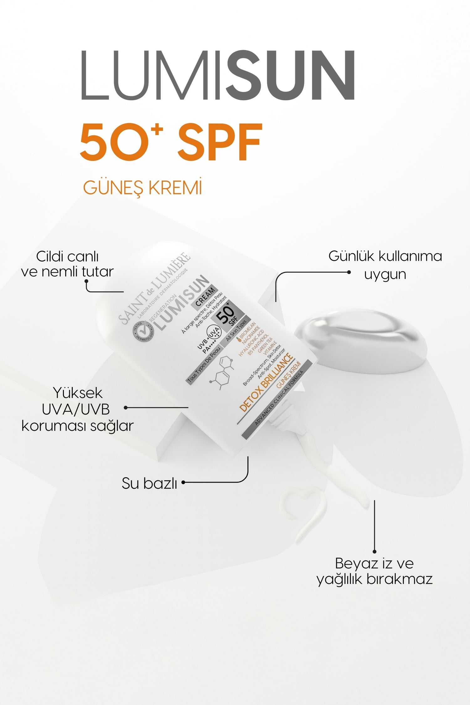 LUMISUN Detox Brilliance SPF 50+, 50 ml Güneş Kremi - Bromelain, Niacinamide, E vitamin, Hyaluronik