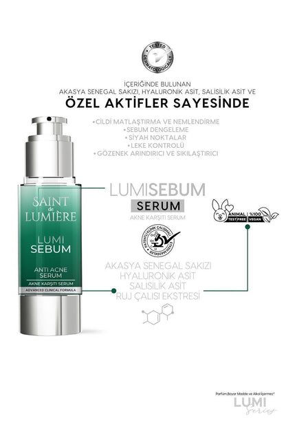 LUMISEBUM Akne,Siyah Nokta ve Leke Karşıtı,Sebum Dengeleyici Matlaştırıcı ve Nemlendirici Serum 30ml